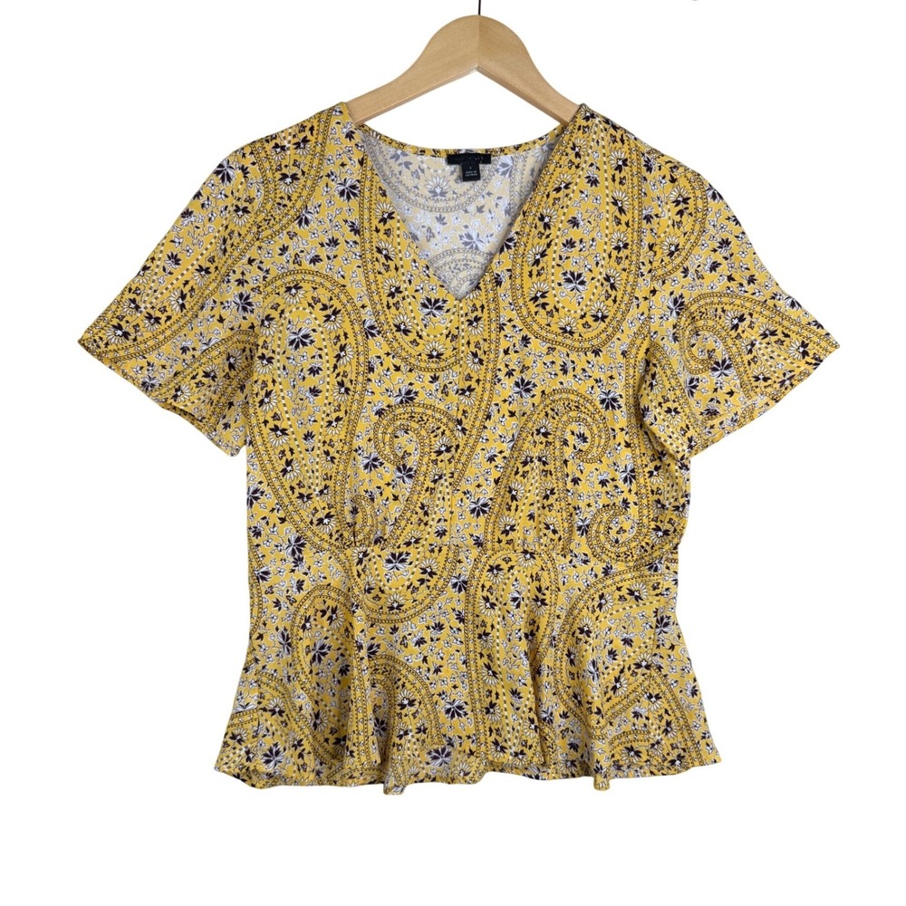 Ann Taylor Women's V-neckline Paisley Print Peplum Hem Blouse size Small Yellow